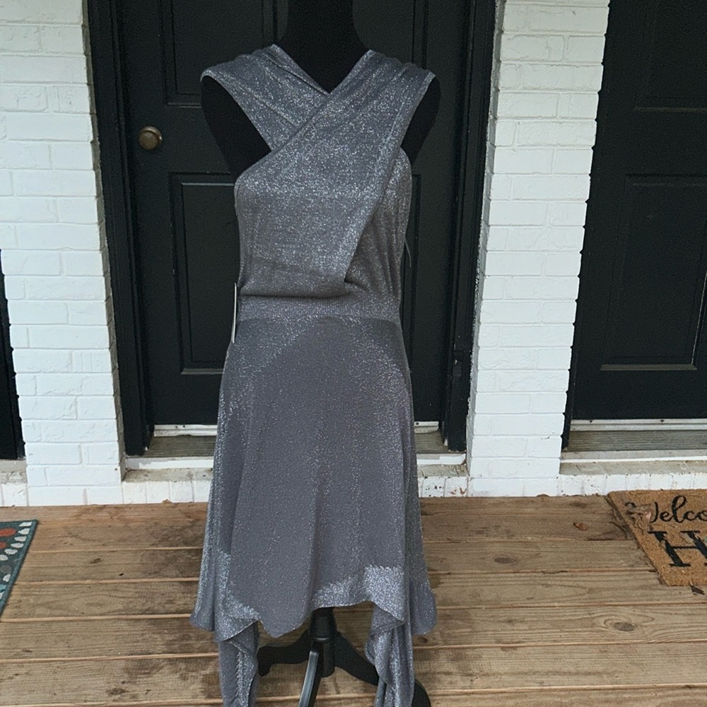 Vertigo pewter asymmetrical body con dress